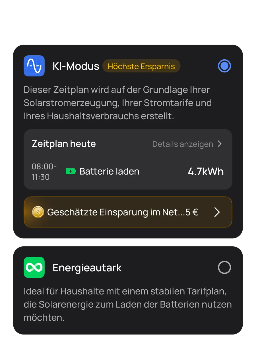 App-Ansicht mit zwei Betriebsmodi: ein tarifoptimierter Lademodus mit Zeitplan für das Batterieladen und ein Modus für maximale Eigenversorgung