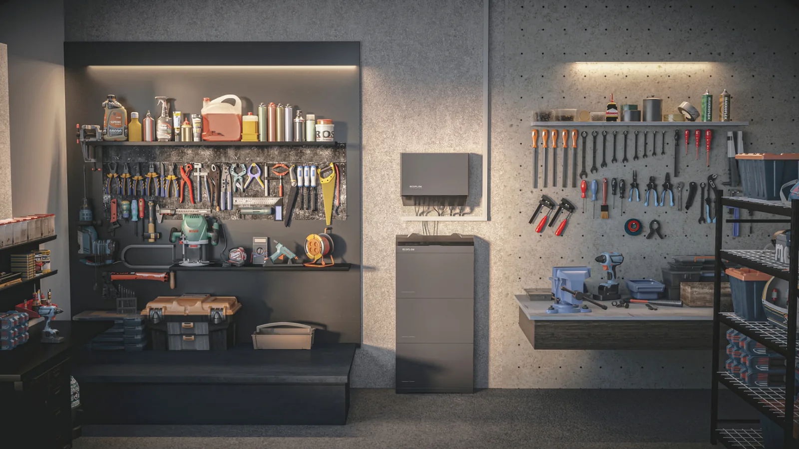 Wandmontierter Wechselrichter mit darunter stehendem, modularem Batteriespeicher in einem Hobby- und Technikraum
