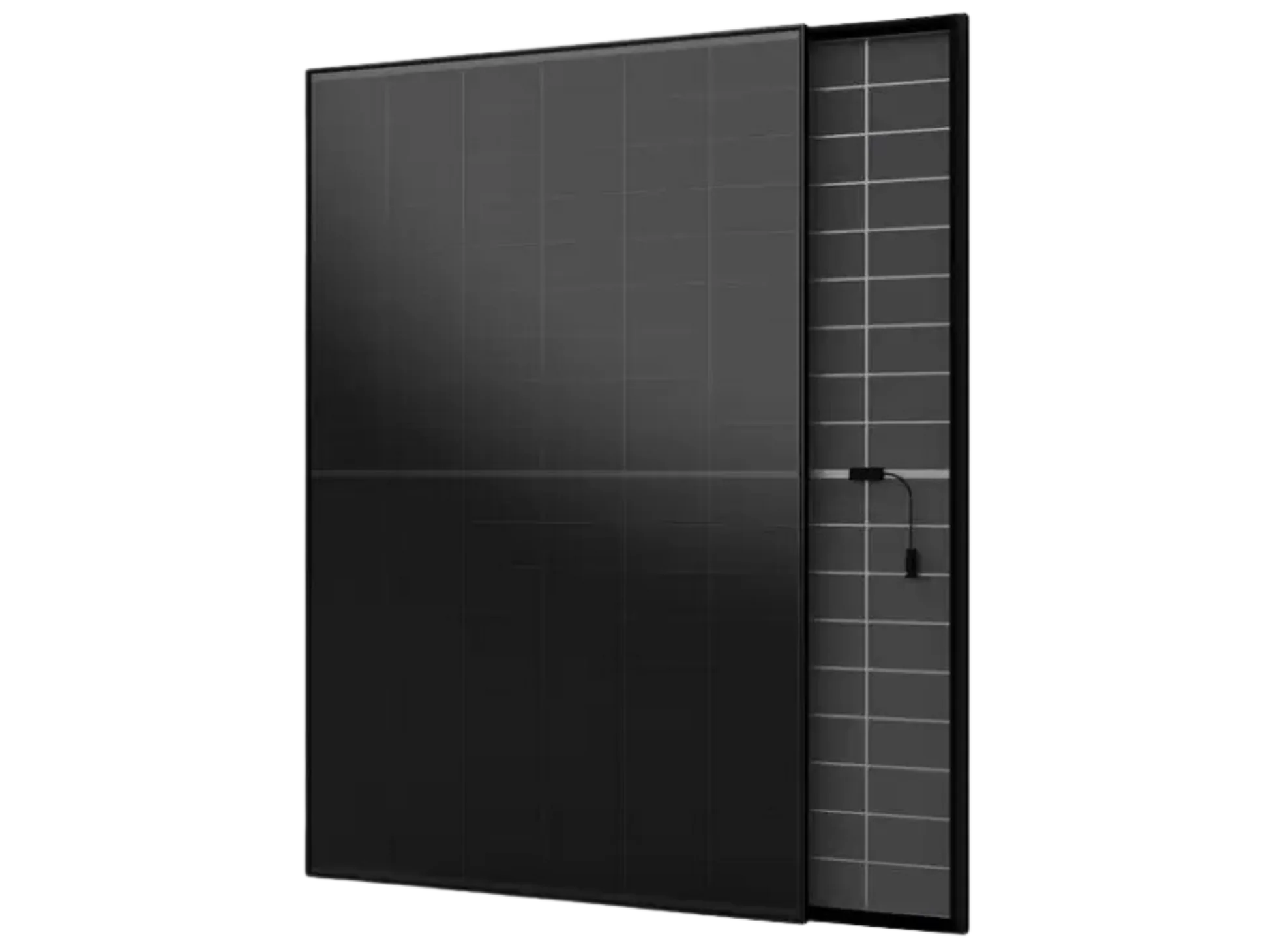 Schwarzes Solarmodul in Frontansicht mit sichtbarem Zellraster und Anschlusskabel